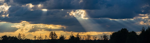 Paesaggio con i raggi di Dio Cielo drammatico con i raggi del sole brillano attraverso le nuvole Il potere del cielo Copia spazio