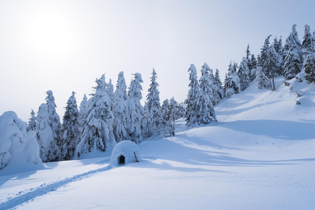 Paesaggio con igloo di neve Casa estrema Inverno in montagna