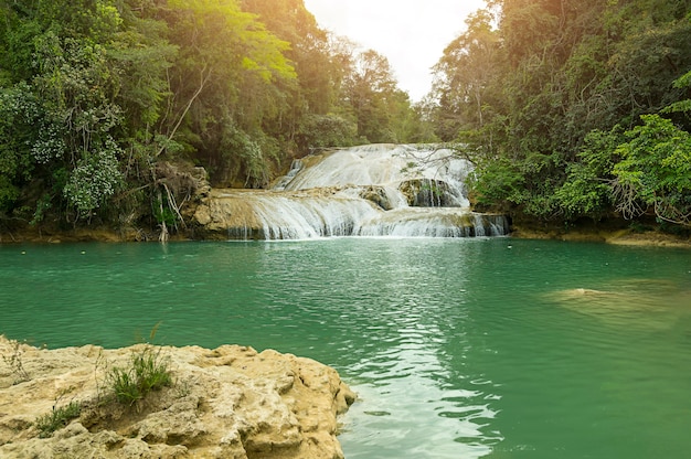 Paesaggio con incredibile cascata agua azul chiapas palenque messico