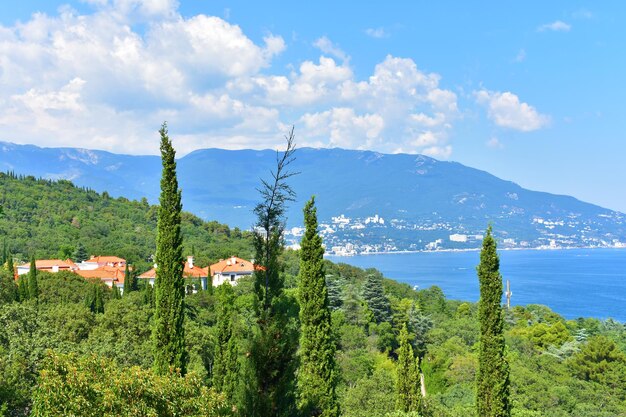 Paesaggio con la montagna verde degli edifici della foresta e il mare blu calmo Crimea Yalta