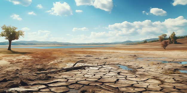 Paesaggio con lago asciutto e terreno fessurato Concepto dei cambiamenti climatici