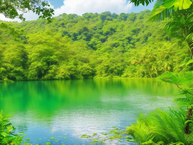 Paesaggio con lago colorato e alberi nella giungla Piante tropicali concetto di natura per panorama wal