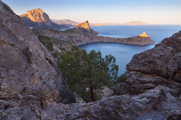 Paesaggio con località balneare. Vista dalla montagna al mare, baie e promontori. Bella la luce del sole della sera. penisola della Crimea. Ucraina, Europa