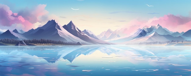Paesaggio con montagne a forma di grandi dimensioni e panorama colorato di un grande lago blu pulito