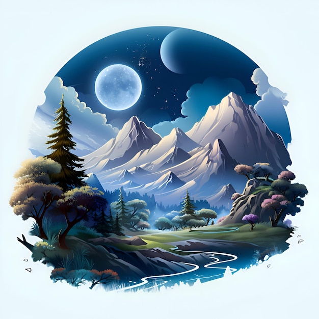 Paesaggio con montagne e foreste alla luce della luna Illustrazione vettoriale