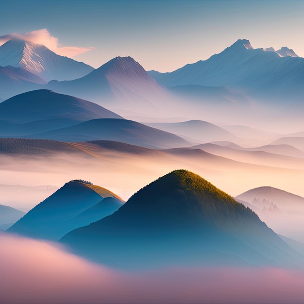 Paesaggio con montagne e nebbia panorama mattutino nebbioso