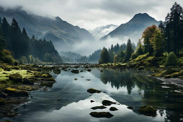 paesaggio con montagne foresta e un fiume di fronte generato AI