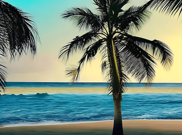 Paesaggio con palme e uno sfondo di tavole da surf in una bellissima spiaggia