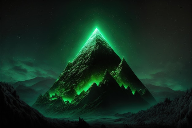 Paesaggio con piramide di cristallo verde e montagne sullo sfondo IA generativa