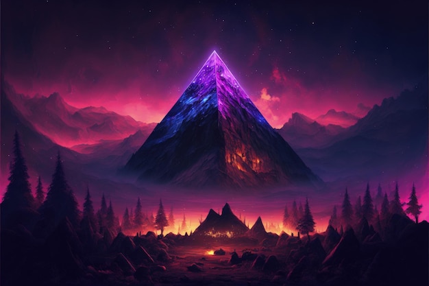 Paesaggio con piramide di cristallo viola e montagne sullo sfondo IA generativa