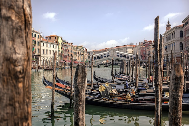 Paesaggio con Ponte di Rialto e gondole a Venezia