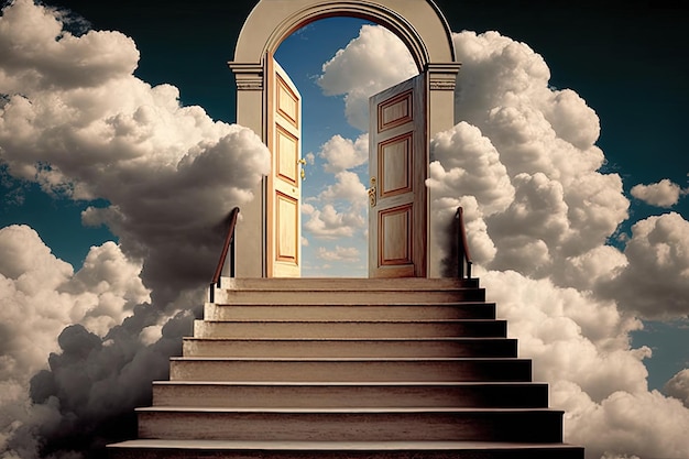 Paesaggio con scale e porta in alto cielo e nuvole sullo sfondo IA generativa
