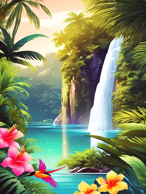 Paesaggio con scena di giungla tropicale Illustrazione vettoriale di sfondo