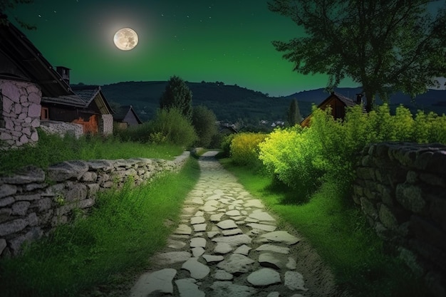 Paesaggio con sentiero in pietra nel villaggio di notte con la luna piena IA generativa