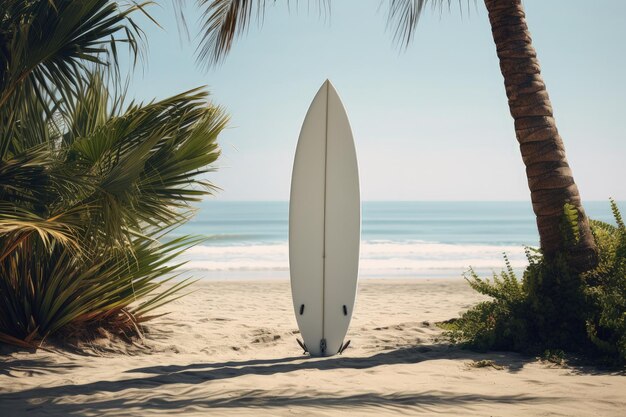 Paesaggio con tavola da surf sulla spiaggia alberi di cocco e mare IA generativa