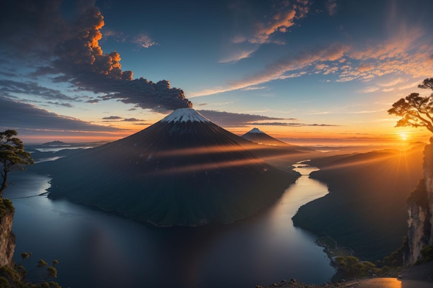 Paesaggio con tramonto lago e foresta