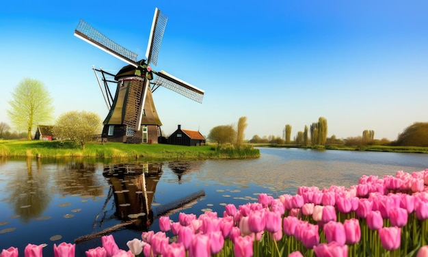 Paesaggio con tulipani tradizionali mulini a vento olandesi nei Paesi Bassi Europa IA generativa