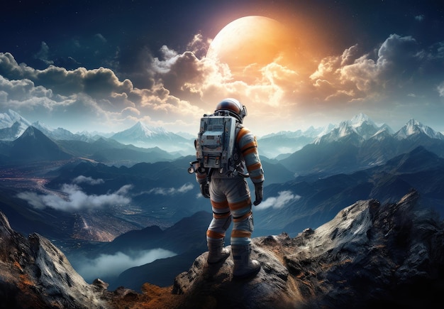 Paesaggio con un astronauta sulla superficie di un pianeta sconosciuto fantascienza e concetto di fantasia AI