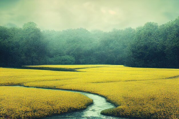 Paesaggio con un campo giallo e un percorso d'acqua Sagome di alberi all'orizzonte sotto l'illustrazione 3d del cielo blu