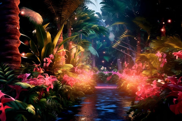 Paesaggio con un giardino tropicale dove palme, bambù e fiori esotici brillano di colori vivaci