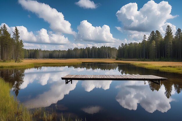 Paesaggio con un lago paludoso e un ponte pedonale in legno