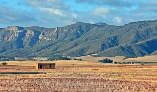 Paesaggio con una fattoria sulla terraferma e montagne sullo sfondo