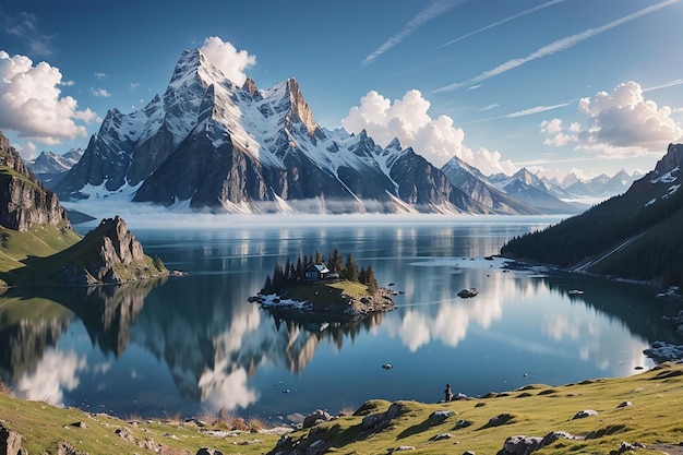 Paesaggio con una montagna e un lago