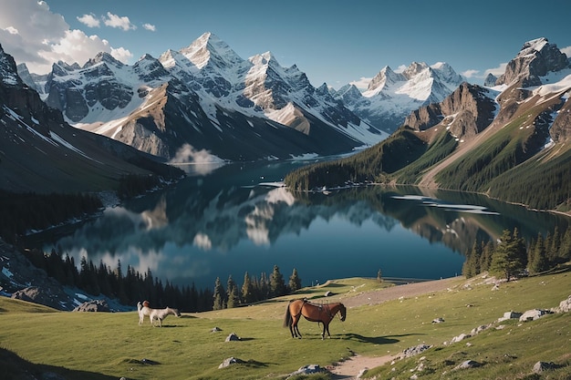 Paesaggio con una montagna e un lago