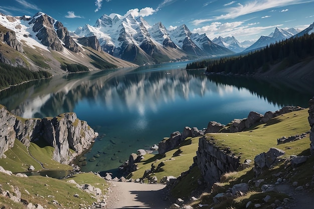 Paesaggio con una montagna e un lago