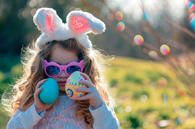 Paesaggio con una ragazza che tiene le uova di Pasqua Caccia alle uova di Pasqua IA generativa