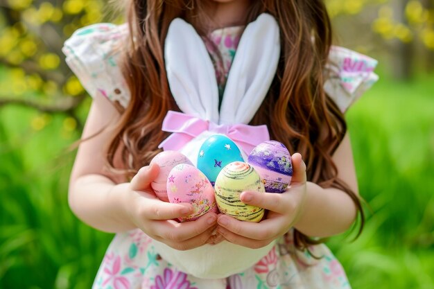 Paesaggio con una ragazza che tiene le uova di Pasqua Caccia alle uova di Pasqua IA generativa