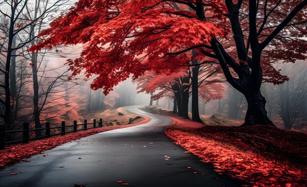 Paesaggio con una strada pavimentata vuota attraverso una foresta di fogliame rosso