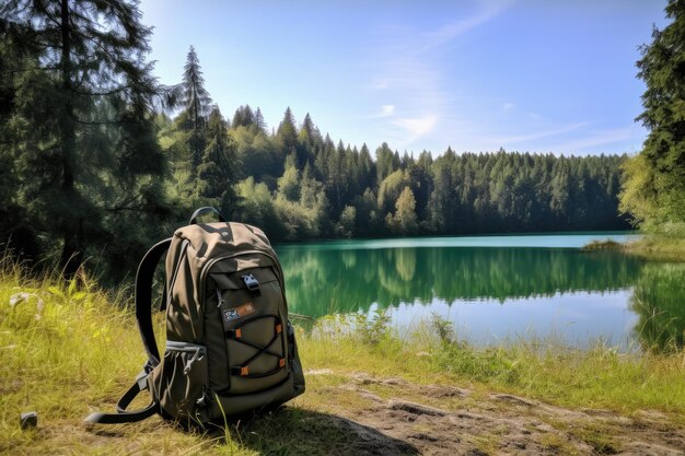 Paesaggio con zaino da sentiero su foresta di lago di roccia e montagne sullo sfondo AI generativa