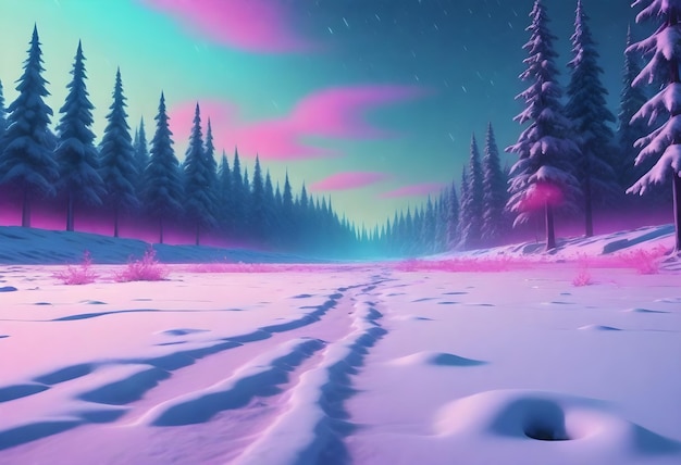 Paesaggio coperto di neve con pini d'erba rosa e un cielo rosa e rosso al crepuscolo