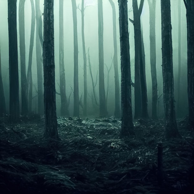 Paesaggio cupo e nebbioso della foresta oscura Sfondo surreale e misterioso della foresta dell'orrore