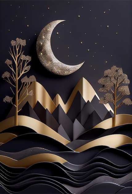 Paesaggio d'arte moderna 3D con montagne scure e alberi dorati e luna Illustrazione generativa di AI