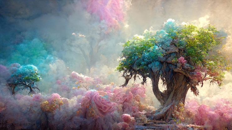 Foto paesaggio da favola in stile fantasy con nebbia rosa e albero magico