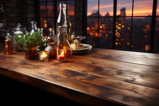 Paesaggio da sogno della cucina Sfondi sfocati evidenziano un tavolo in legno rustico che invita alla creatività culinaria