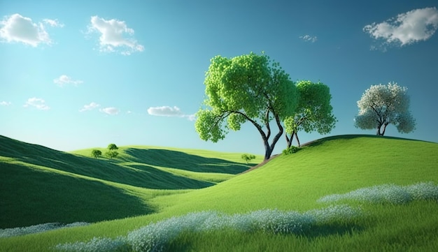 Paesaggio da sogno paesaggio primaverile natura verde prati giardino albero e montagna luce solare bellissima