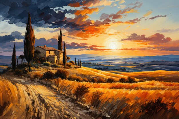 Paesaggio dei campi toscani al tramonto ore d'oro illustrazione d'arte murale