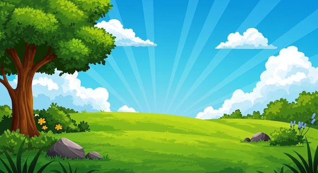 Paesaggio dei cartoni animati con Green Hills e Blue Sky sullo sfondo