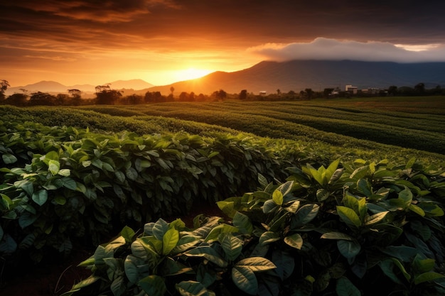 Paesaggio del campo di caffè al tramonto sulla piantagione
