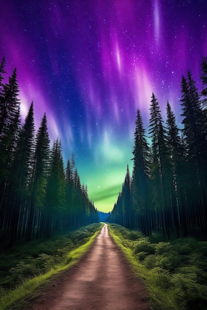 Paesaggio del cielo notturno della foresta dell'aurora boreale