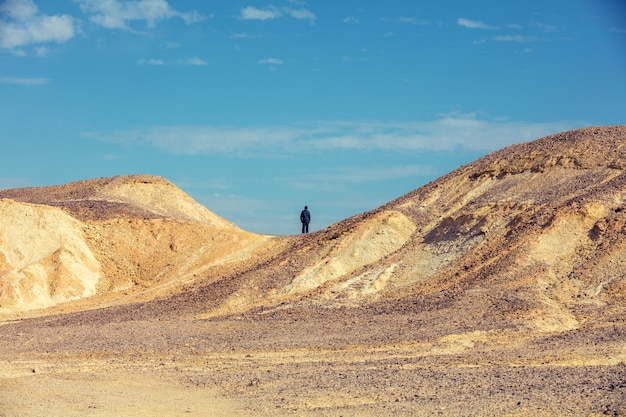 Paesaggio del deserto Uomo in piedi sulla montagna nel deserto