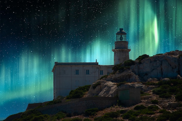 Paesaggio del faro con fantastiche luci del nord