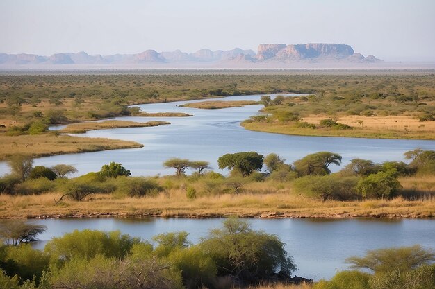 Paesaggio del fiume Chobe vista dalla striscia di Caprivi in Namibia confine con il Botswana Africa parco nazionale di Chobe
