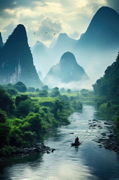 Paesaggio del fiume Guilin Li e delle montagne carsiche Cina Generative ai