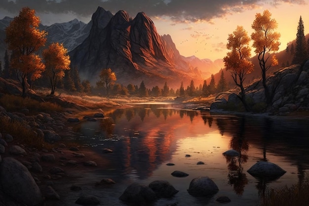 paesaggio del fiume in montagna al tramonto