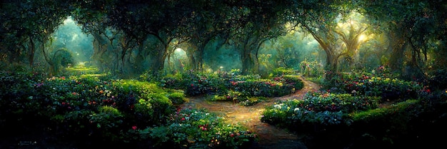 Paesaggio del giardino, natura, verde, estate, pianta, fiori. Sfondo di illustrazione digitale, pittura