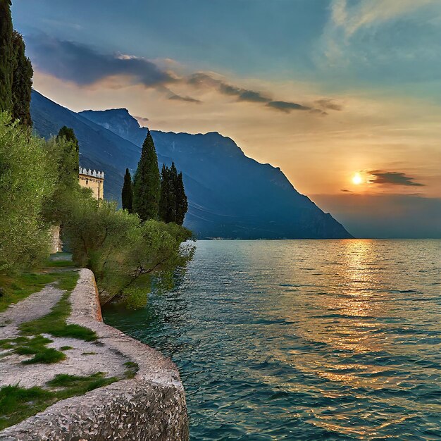 Paesaggio del lago al tramonto Estate e colori caldi